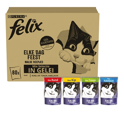 Felix Pouch Elke Dag Feest In Gelei Tonijn / Kabeljauw / Rund / Kip 80X85 GR