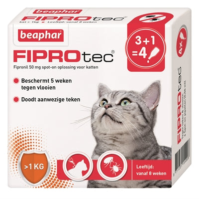 Beaphar Fiprotec Kat Tegen Vlooien & Teken 3+1 PIPET >1 KG EN 8 WEKEN