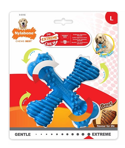 Nylabone Extreme Chew X-Bone Beef Blauw <23 KG